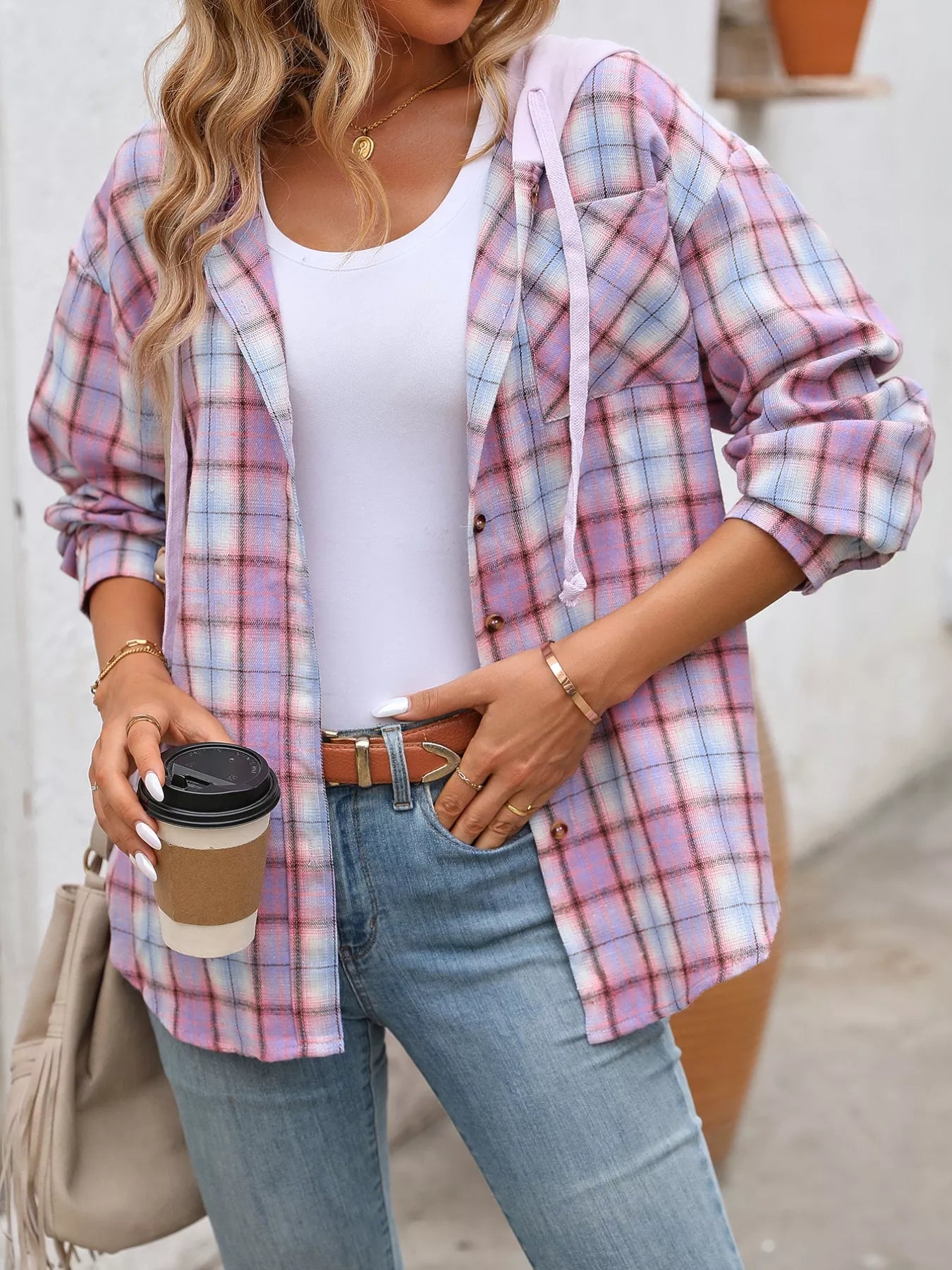 Chemise à capuche carreaux oversize femme MONARK - portée face